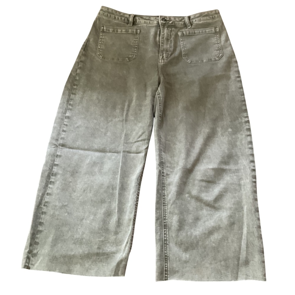 Vigold Dylan Wide Leg Pants‎ Olive Green Washed Denim Raw Hem Jeans Size 32